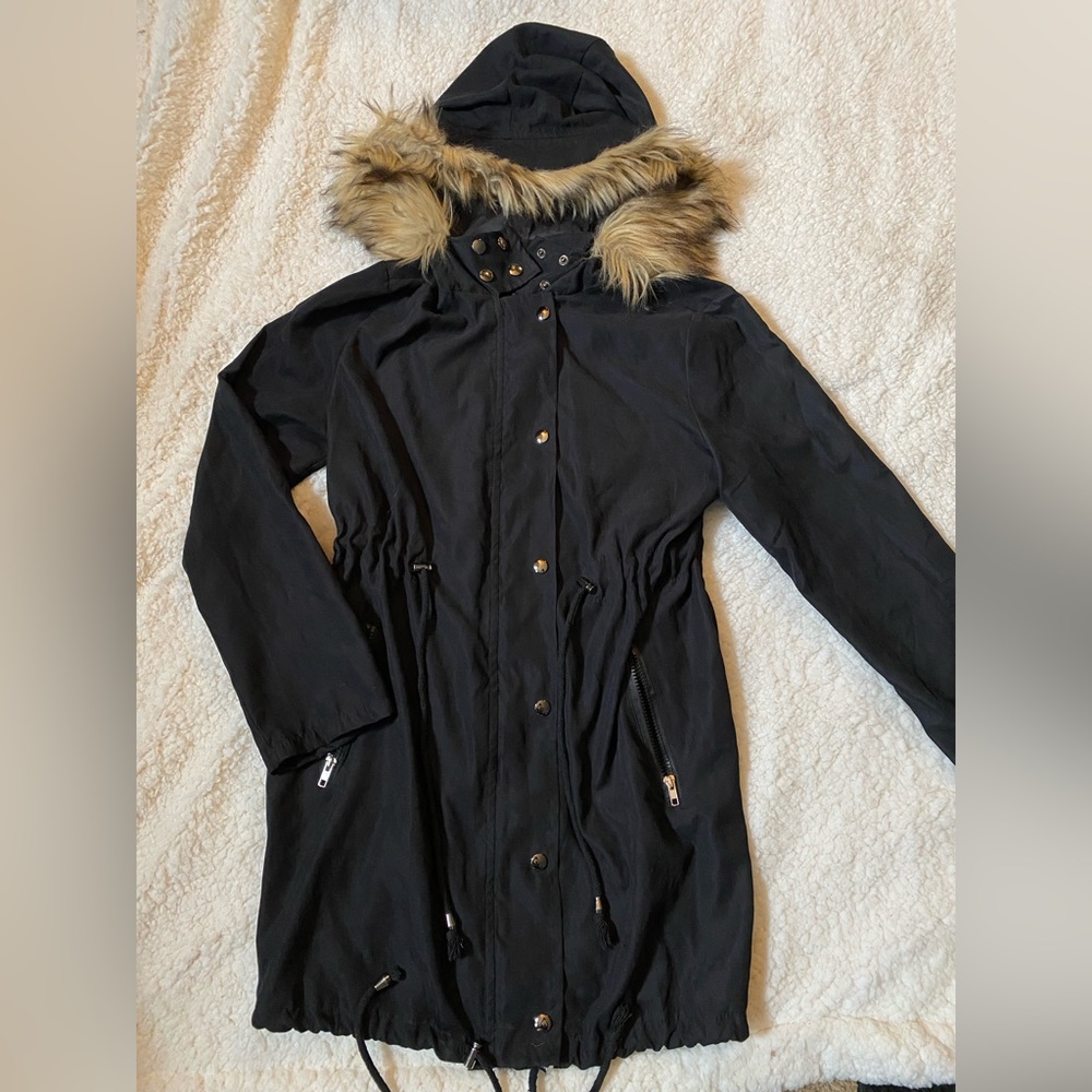 Black Fur Lined Light Hooded Jacket Size Medium